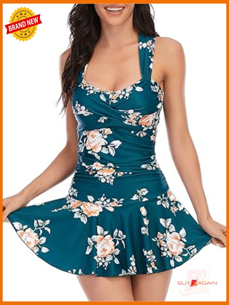 Women's One Piece Swimdress With Tummy Control Skirt
